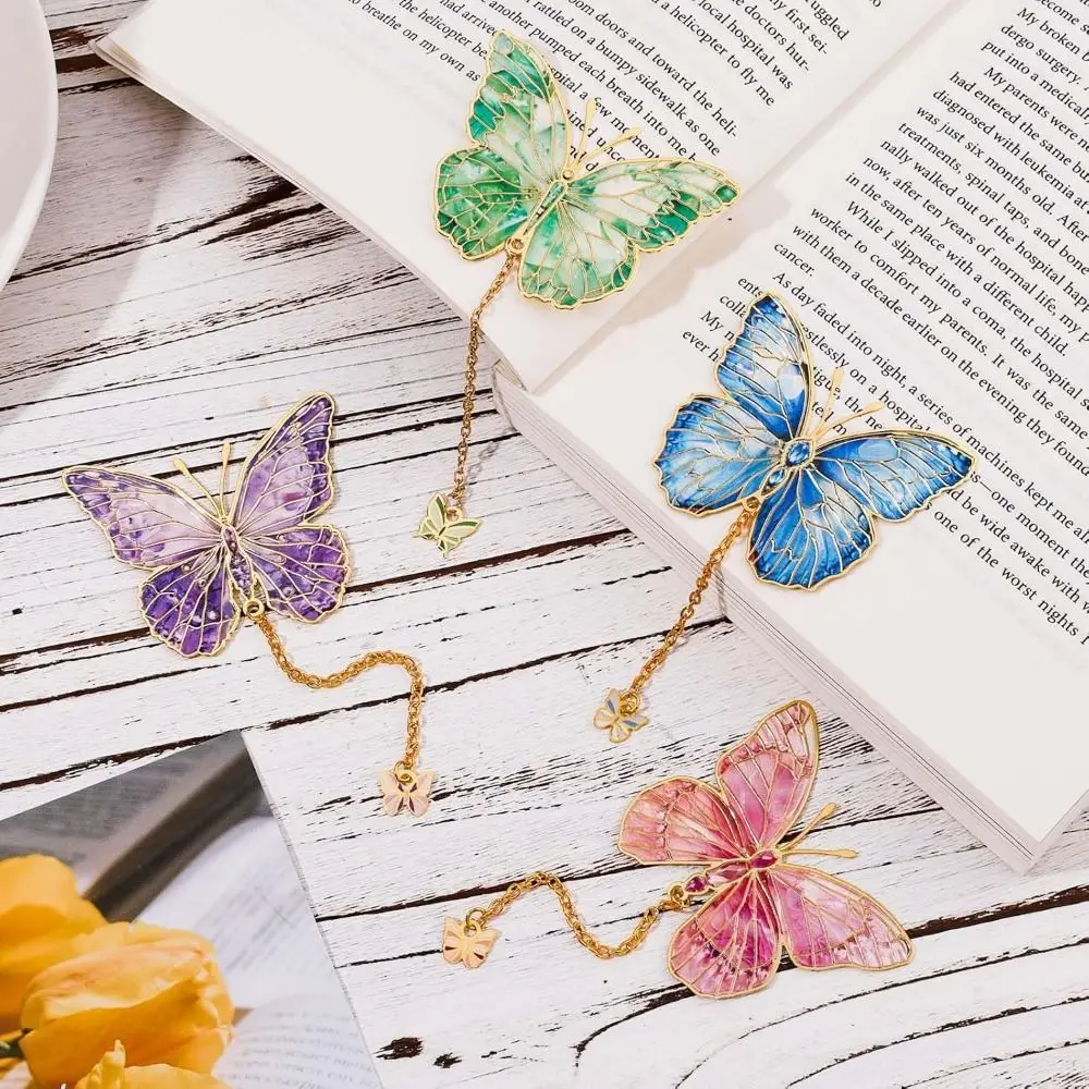 Marcapáginas de mariposa de Metal bronceado con colgante, Clips de página de libro de estilo chino con cadena, exquisitas páginas separadoras