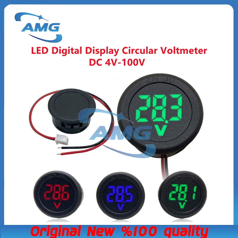 1PCDC 4-100V LED Digital Display Round Two-wire Voltmeter DC Digital Car Voltage Current Meter Volt Detector Tester Monitor Pane