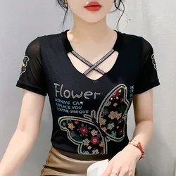 Nieuwe Zomer Korte Mouwen V-hals vrouwen T-Shirt Elegante Slanke Hot Diamond Mesh Tees Tops M-3XL Kleding
