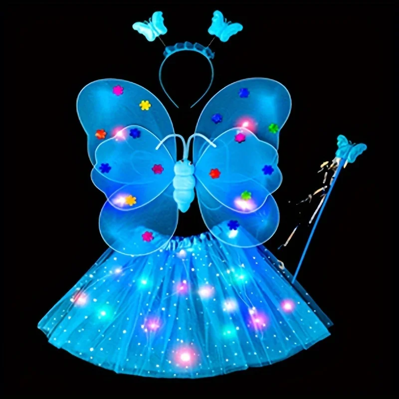 Led Flashing Light Fairy Butterfly Wing Wand Headband Costume Toy Sparkling Fairy Light-Up Costume Set Cosplay Birthday Party