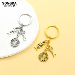 Alloy Saint Benedict Medallion Key Keychains Fish Jesus Cross San Benito Charms Pendants Keyring For Christians Catholic Jewelry