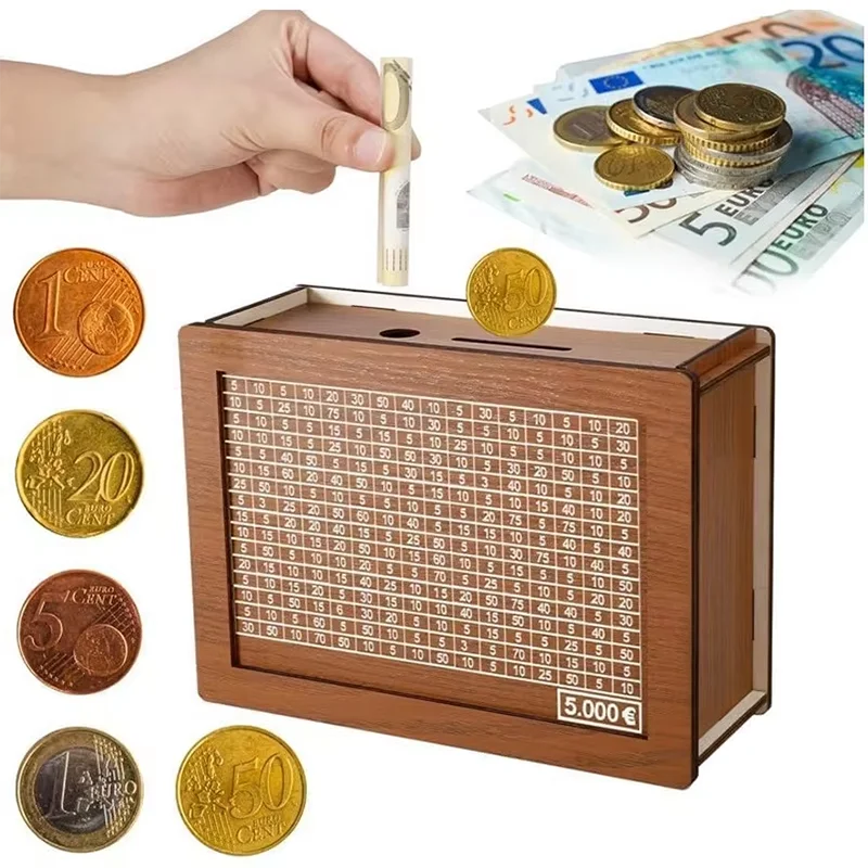 Wooden Piggy Bank Usd Money Box Reusable with Saving Goal and Numbers To Check for Helps The Habit of Saving. Children's Gifts