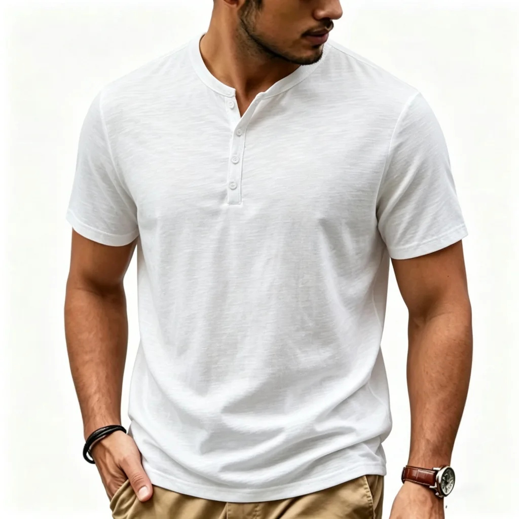 Summer Men's Solid Color Button T-Shirts Casual Bamboo-Handled Henry Collar Short Sleeve Top Tees for Hip Hop Streetwear