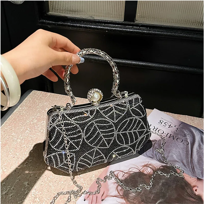 2026 New Designer Leaf Pattern Women Diamond Banquet Evening Bag Fashion Small Handheld Handbag Elegant Dress Crossboday Bag