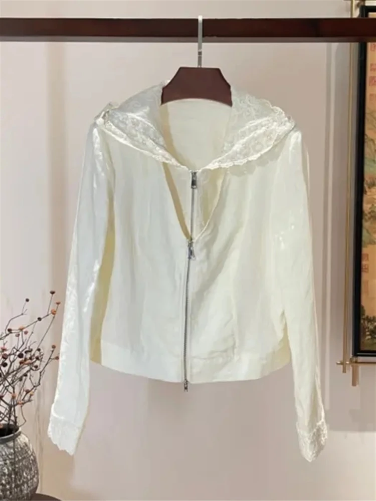 

Ele Lace Trimmed Linen ort Jaet Women's Faionable Fake Two-Piece Hat Design Spring Outdoor Pure Color Zipper Closure