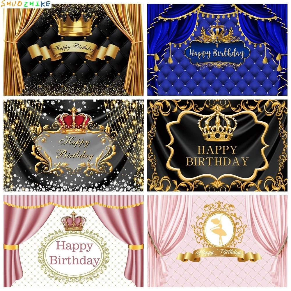 

Happy Birthday Background Royal Crown Prince Gold Glitter Photo Backdrop Golden Curtain Pink Girl Princess Party Decoration
