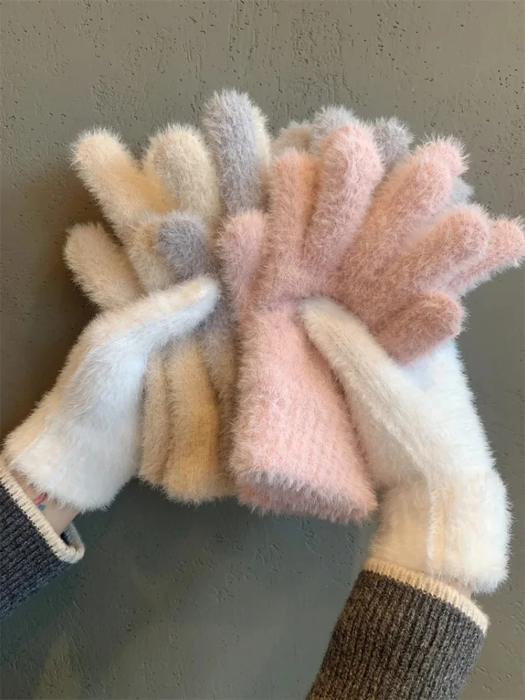 AliExpress NONE Fashion Winter Mink Velvet Five Finger Gloves Plush Warm Cold-proof Gloves Women Outdoors Cycling Solid Color Wistiti Mittens