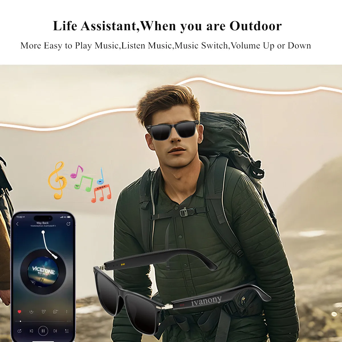 Smart Glasses Man Style Support Music Listen Wake up Voice Assistant Receive/Reject Call UV Protect Smart Glasses Sunglasses