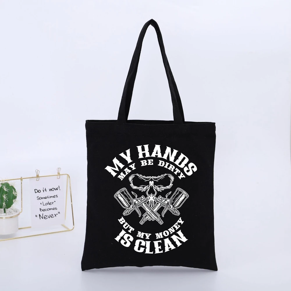 Skull and Tools Graphic Canvas Tote Bag, Streetwear Style for Daily Shopping