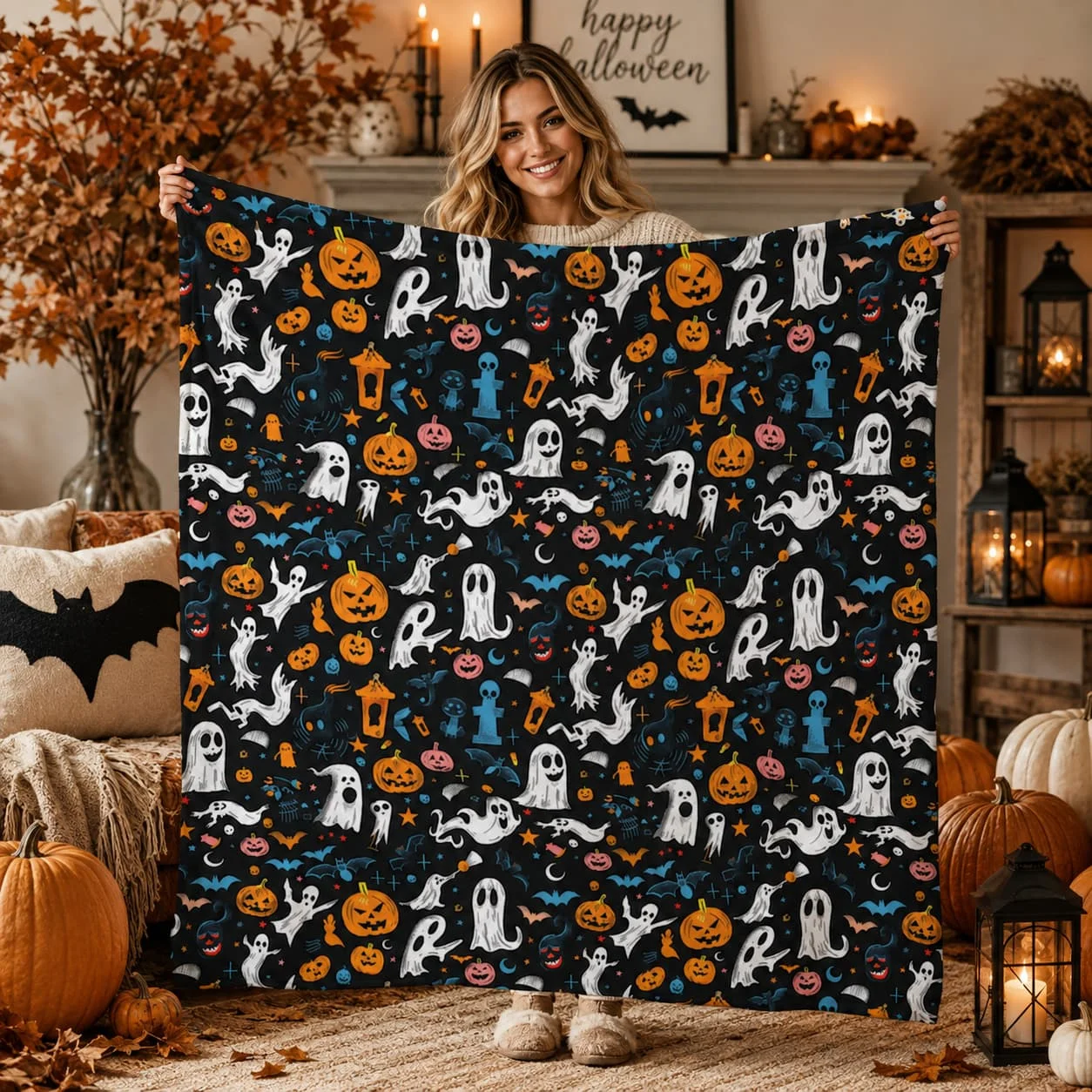 Cute Halloween Blanket Scary Blanket Spooky Blanket Ghosts Pumpkins Magic Candy Corn Halloween Gift for Her Kids Blanket