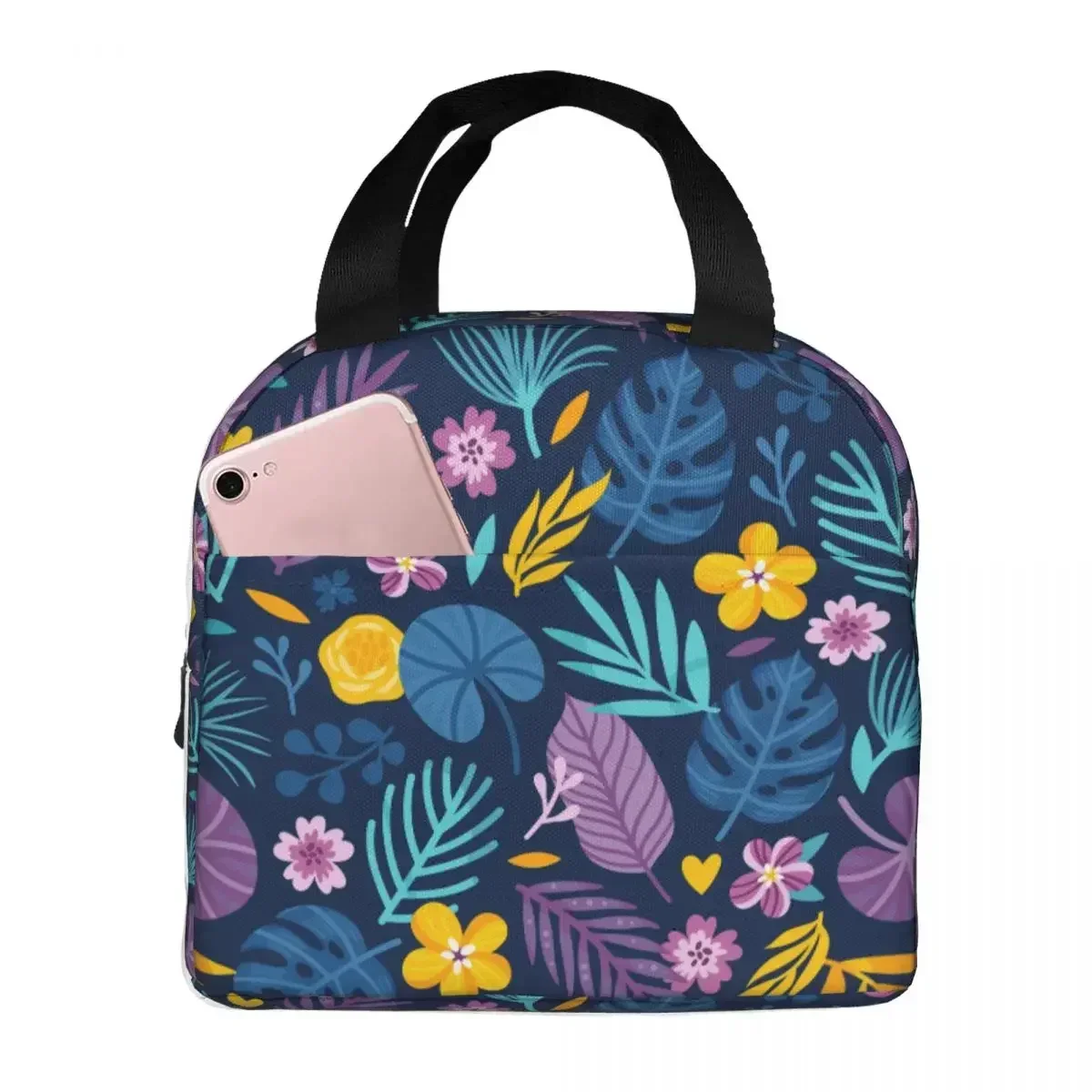 

Сумка для обеда с пальмовыми листьями и цветами, портативный изолированный холщовый холодильник с тропическим цветочным принтом, термохолодный ланч-бокс для пикника для женщин и девочек