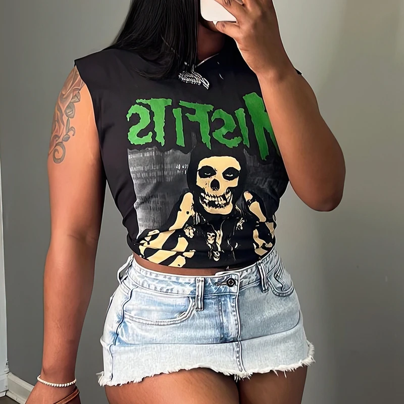 STYLISH LADY Casual Letter Fun Printed T Shirts 2025 Summer Women Sleeveless O Neck Black Casual Loose Hip Hop High Street Tops