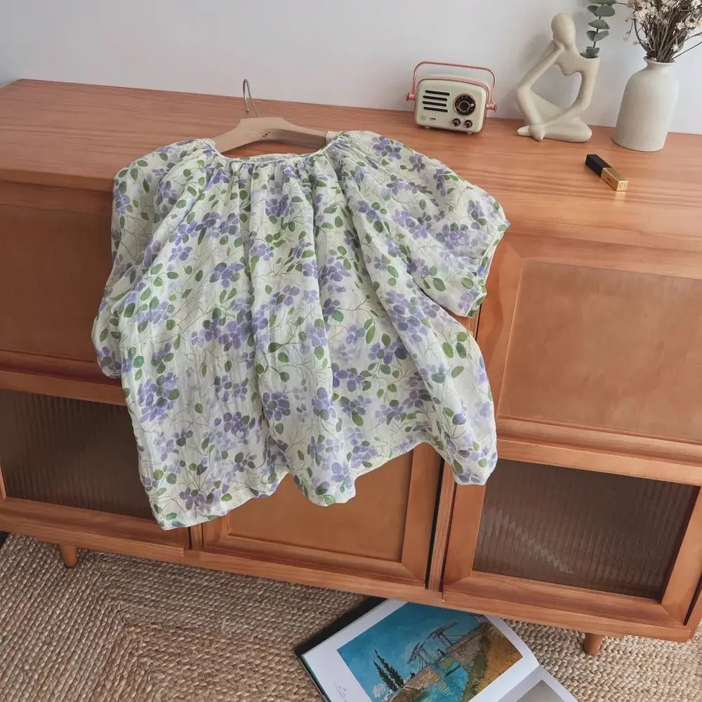 Sweet Youthful Loose Pleated Floral Doll irt Women's New Summer Bubble ort Sve Blouse Thin Batwing Sve Square Collar