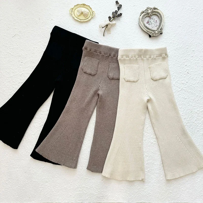 

2026 New Spring Children Casual Fashion Knitting Pants 2-7Yrs Kids Solid Color Knitting Elastic Waist Trousers Baby Girls Pants