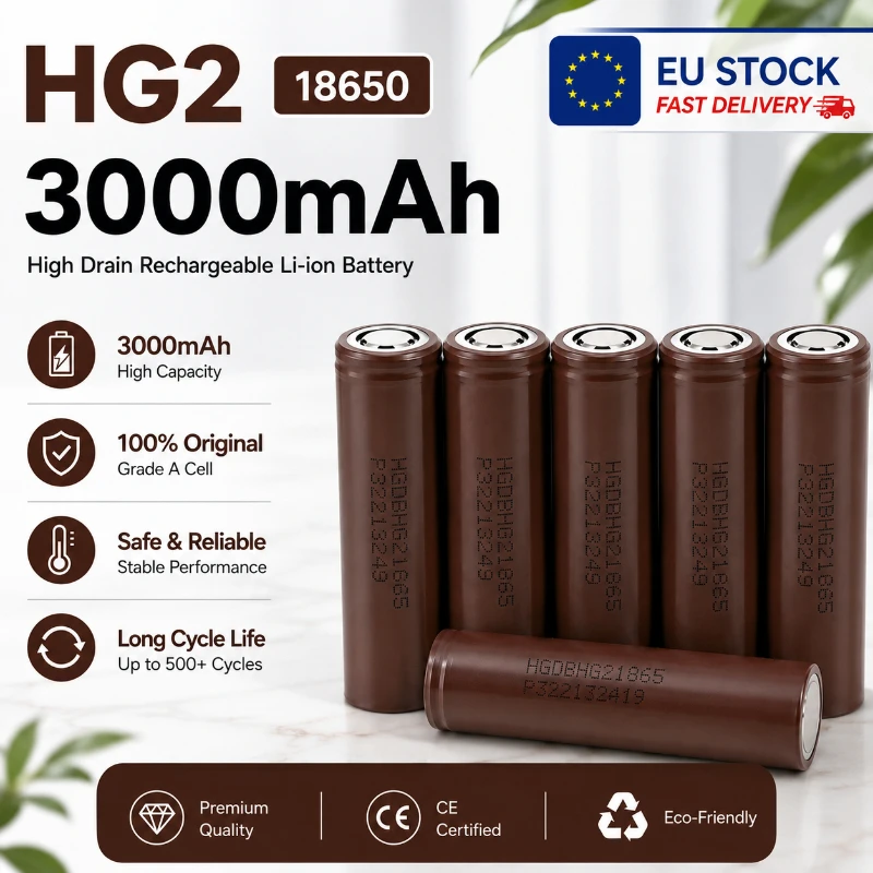 Image of 18650 Wiederaufladbare Batterie 3,7V 3000mAh 20A Flachkopf-Hochstrom-Lithium-Ionen-Zelle Ersatz für HG2 Schneller EU-Versand