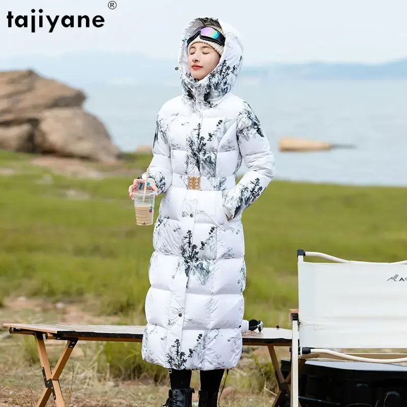 Tajeyane-Chaqueta larga de plumón de pato para mujer, abrigo grueso y ajustado, Parkas con capucha estampadas a la moda, color blanco, 2023, invierno, 95%