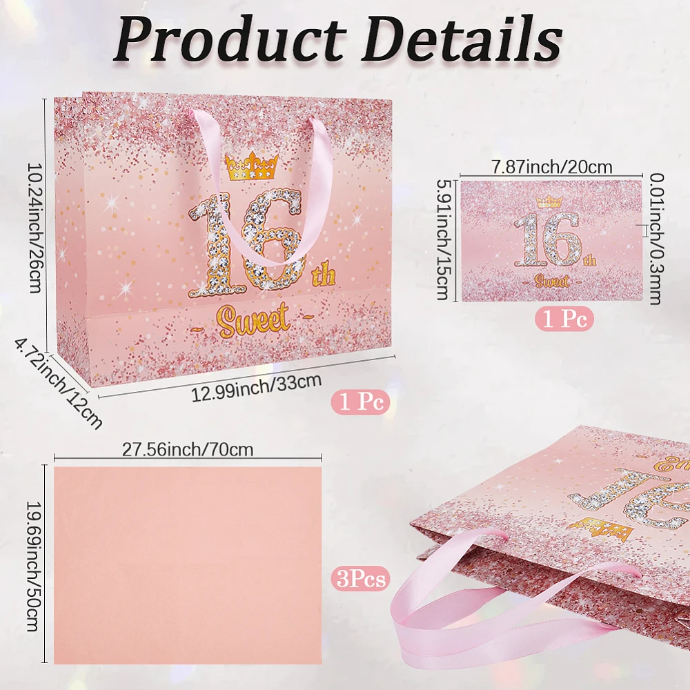 13 x 10 x 5 Inch 16th Birthday Party Gift Present Bags with Tissue Handles Pink Greeting Card Rectangle Large Heavy Duty