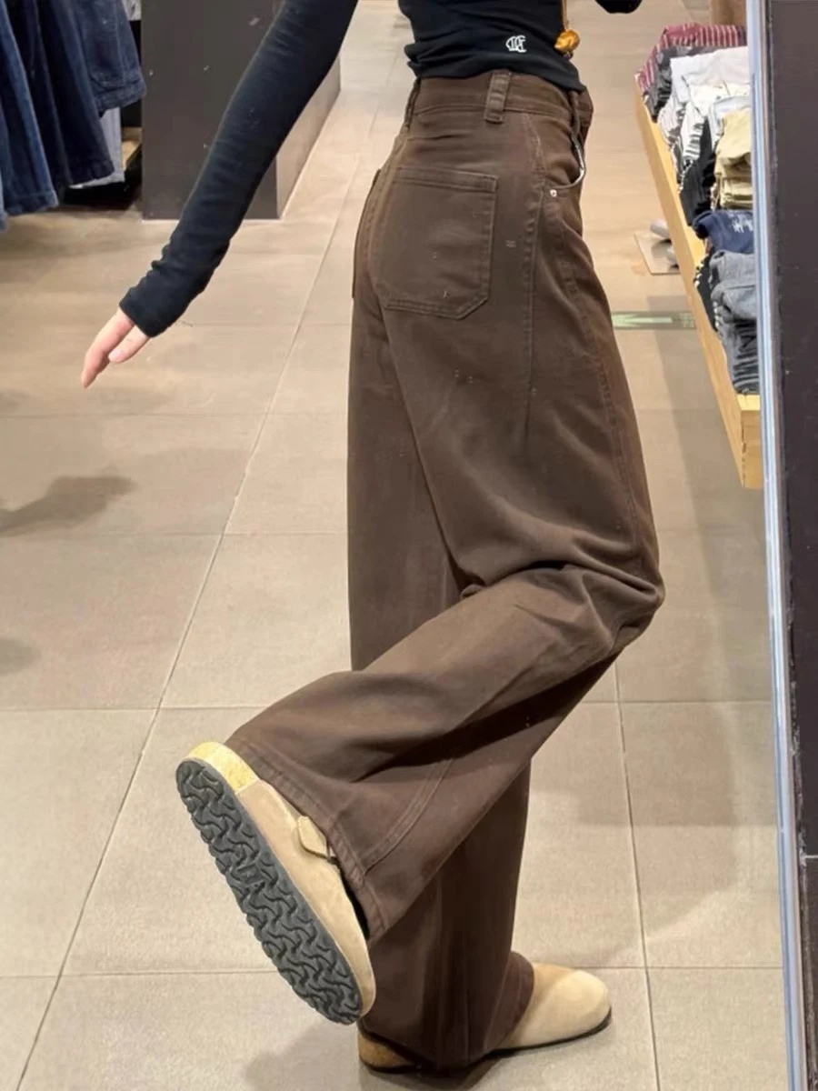 

Женские джинсы-клеш в стиле ретро, коричневые, на флисовой подкладке, с высокой талией, свободного кроя, с эффектом похудения, в американском стиле, с деталями на карманах