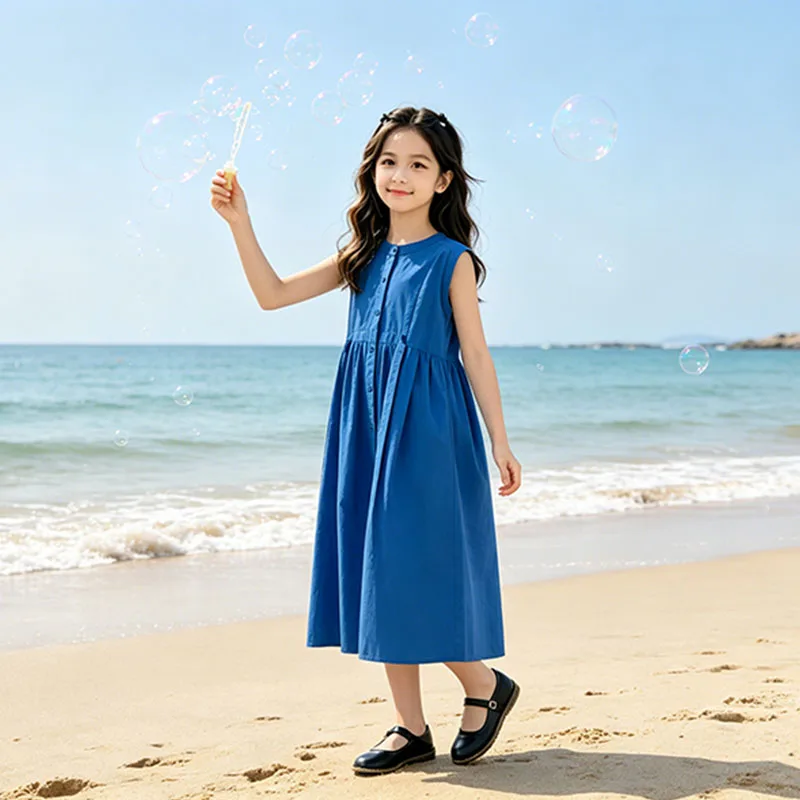 

Girls Maxi Dress Breathable Sleeveless Button-Down Dress Summer Beach School Dresses For Kids Blue Beige Clothing With Pockets