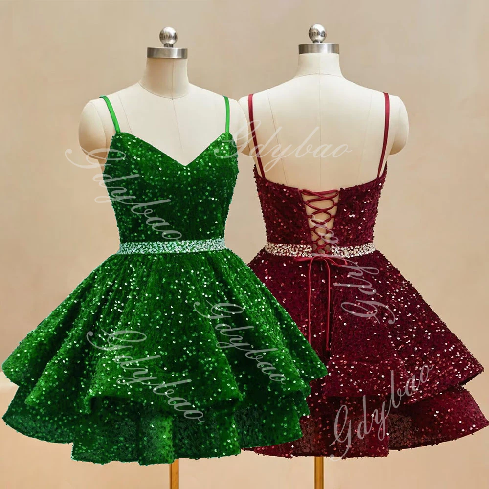 Green Homecoming Dress for Teens 2025 Sparkly Tiered Sequin Straps Prom Cocktail Dress Womens Beaded Belt Knee Length Party Gown