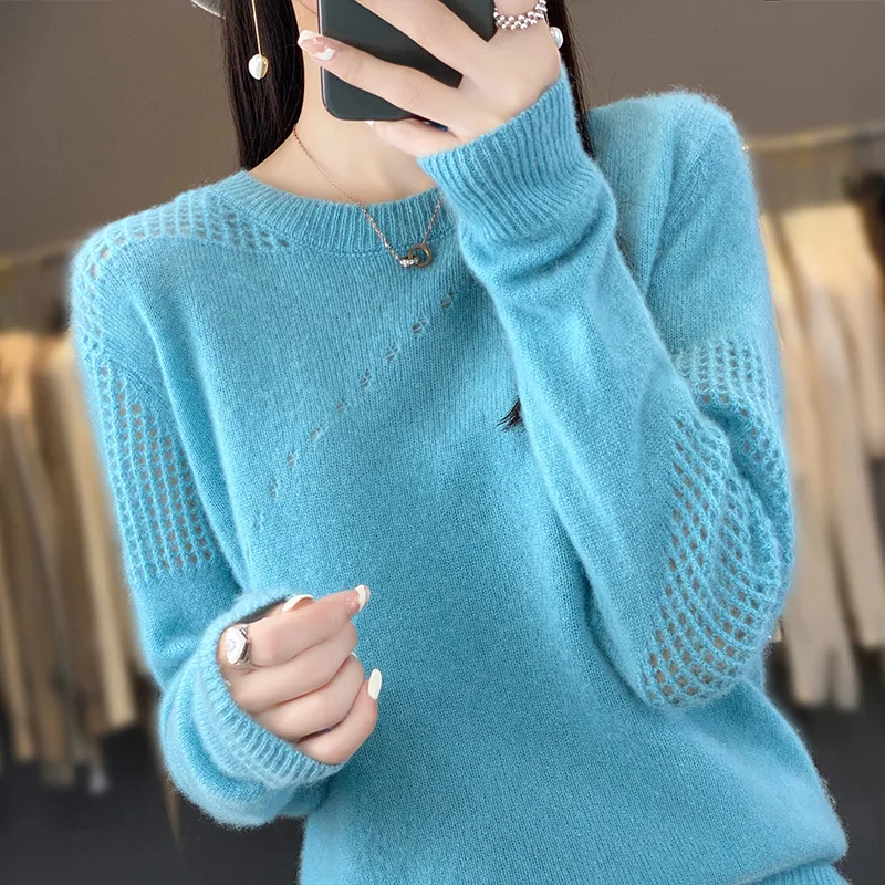 MOONYUEFA-Pure Wool Sweater for Women, O-Neck Pullover, Long Sleeve, Hollow Cashmere, Solid Color Bottoming Shirt, Top, New,100%