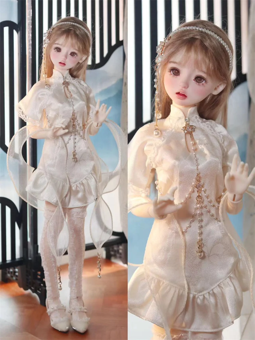 BJD Doll Dress Sets Cheongsam Elegant Lace-up Girls Pearl Chain 1/4 Dress Doll Accessories (no doll)