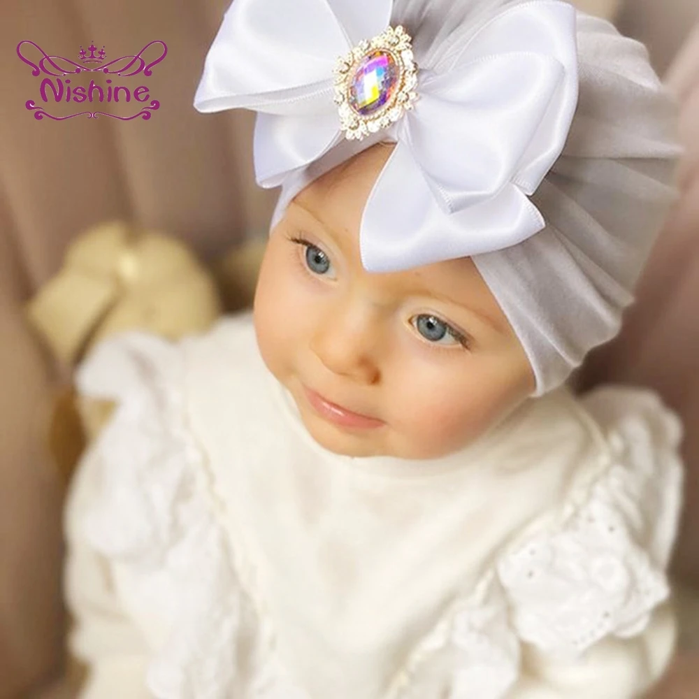 Nishine Fashion Rhinestone Bowknot Infant Indian Hat Soft Cotton Baby Girls Caps Handmade Children Hair Accessories Gifts