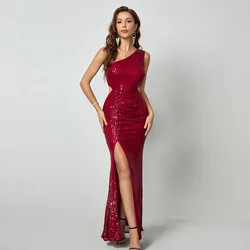 Ladies Solid Color Sequins One-shoulder Off-the-waist Fishtail Skirt Evening Dress Long Skirt Slit Pleated Design Personality