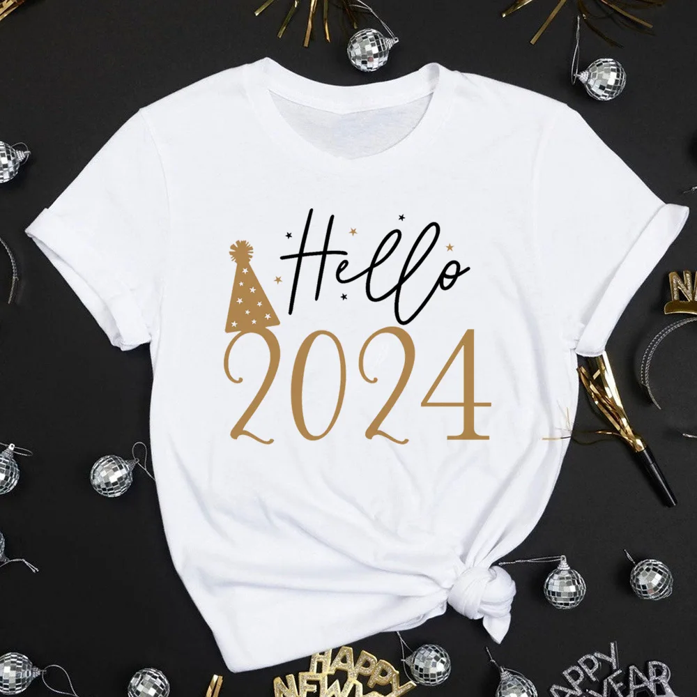 Feliz Ano Novo feminino camiseta estampada, tops de roupas femininas, camisas de manga curta de inverno, meninas roupas casuais, festa, olá 2024