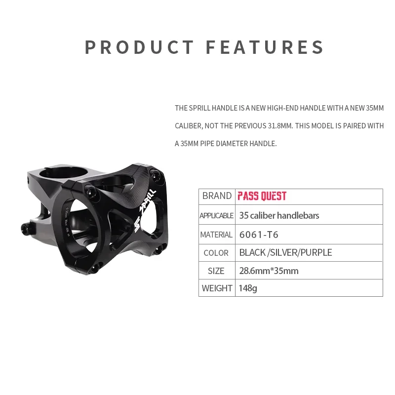 PASS QUEST 28.6mm*35mm Bicycle Stem 45mm length for 35mm Caliber Handlebar High quality Aluminum Alloy Bicycle Riser AM DH FR