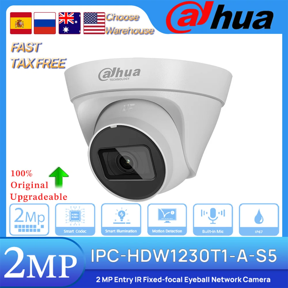 

Dahua Original IPC-HDW1230T1-A-S5 2 MP Entry 30M IR Fixed-focal Eyeball POE Network IP Camera Motion Detection IP67 Built-in MIC