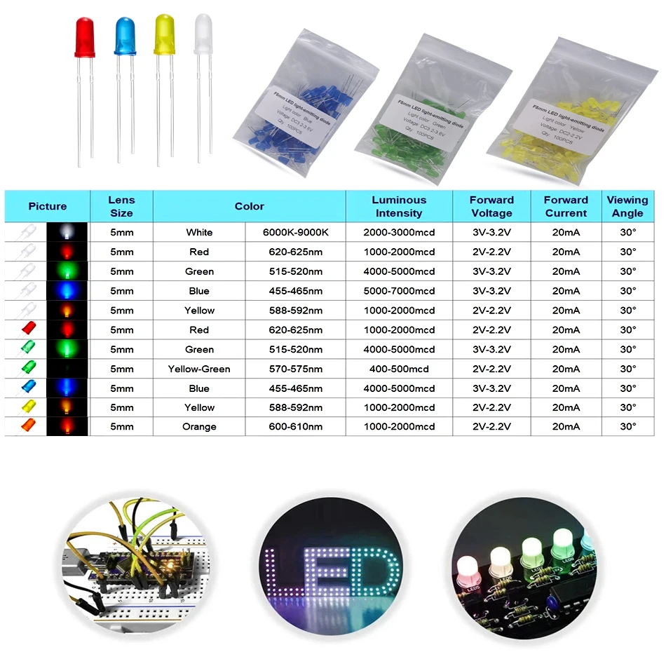 5mm Diffused Led Diode Kit Yellow Orange White Red Green Blue 2V 3V Bulb Light Emitting Assortment Set For DIY