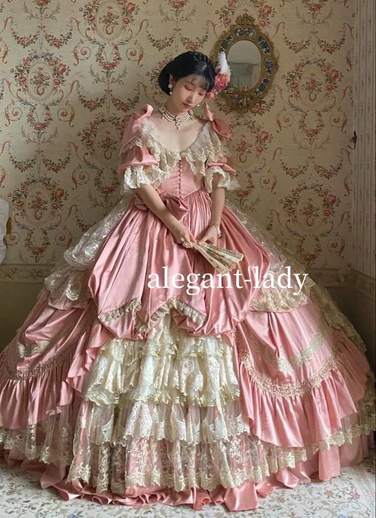 

Romantic Lolita Corset Lace Prom Dress Elegant Pink Satin Lace Pleated Appliques Victorian Poncho Customised robe de soirée