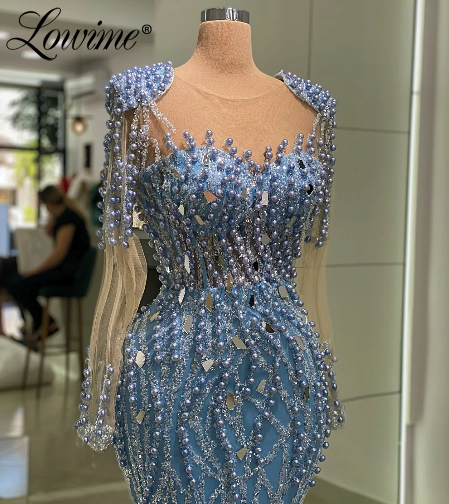 2023 Aso Ebi Blue Long Sleeve Beading Evening Gown Formal Occasion Party Dresses Crystal Sequins Mermaid Engagement Dress Custom