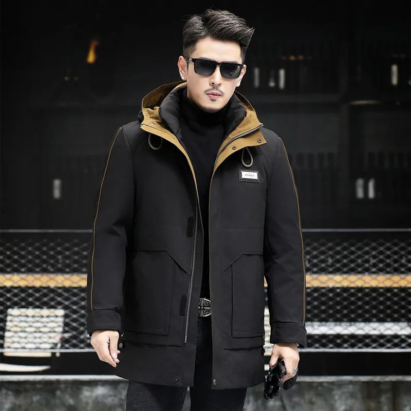 

YOLANFAIRY Мужская съемная шуба из кроличьего меха рекса, высококачественная меховая цельная мужская куртка-парка средней длины с капюшоном, зимняя куртка-парка2025