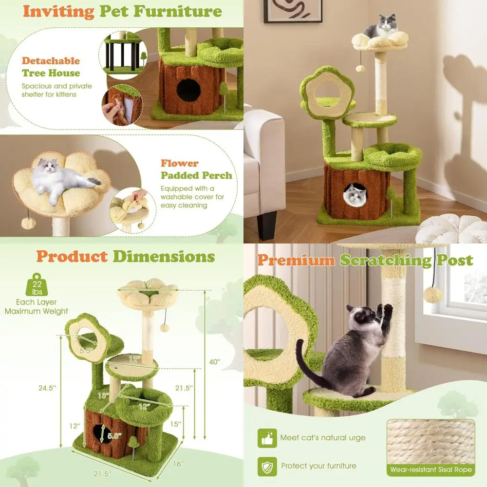 

Green 40 Multi-Level Cat Tree with Sisal Posts, Trunk, Flower Perch, Plush Bed, Toys for Indoor Cats
