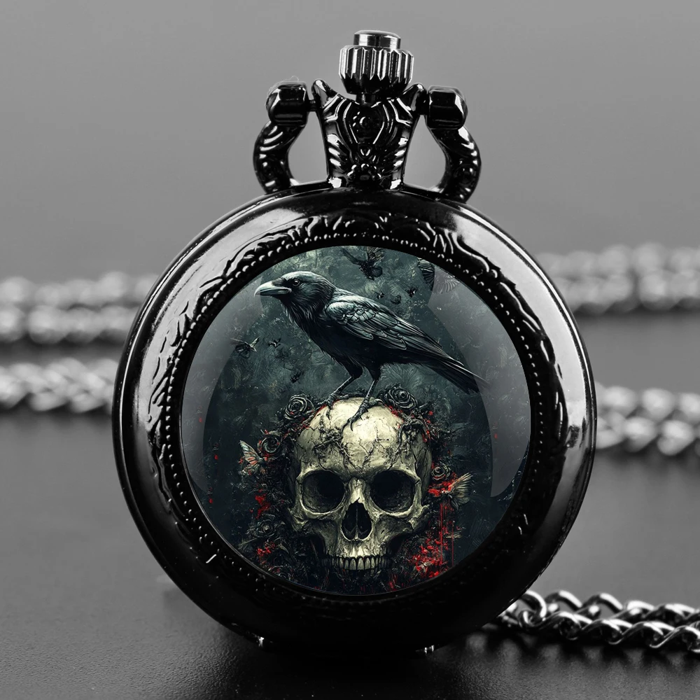 القمر الجمجمة الغراب نمط زجاج قبة وعاء من الستانليس ستيل الأسود ساعة جيب كوارتز قلادة النساء الرجال دلاية مجوهرات سلسلة الأطفال