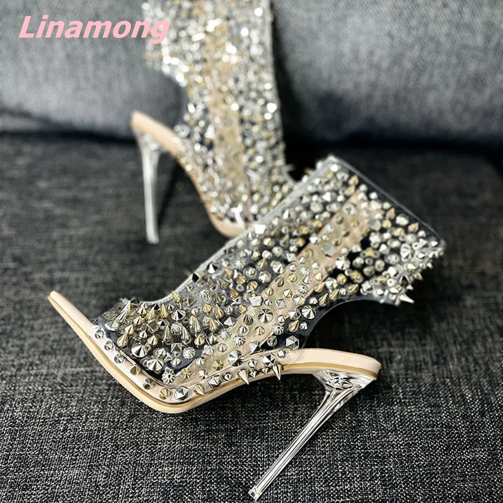 

2024 Newest Rivet Summer Sandals Stiletto Heel Square Toe Side Zipper Transparent PU Women Party Shoes Comfortable Fashion