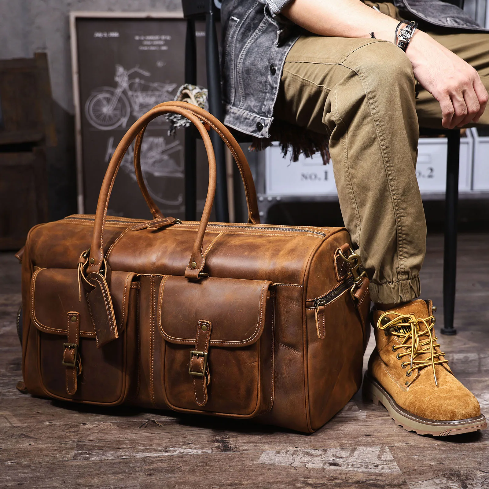 S.WORKER Vintage Echtleder-Reisetasche aus Crazy-Horse-Rindsleder, handgefertigte Weekender-Tasche, Sporttasche – Detail 6