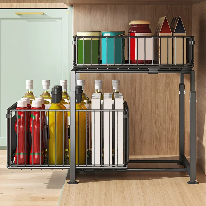 Multi-functional Kitchen lower sink rack, seasoning rack, storage basket, adjustable cabinet pull-out layered rack