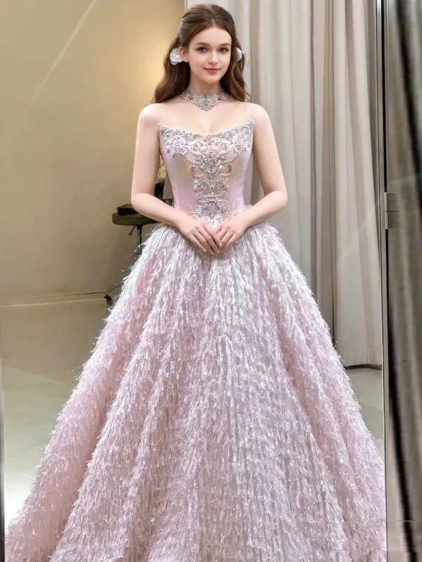 

Pink Feather Evening Gown Women's Strapl Wedding Dr Celebration Ceremony Performance Long Dr Korean Sle