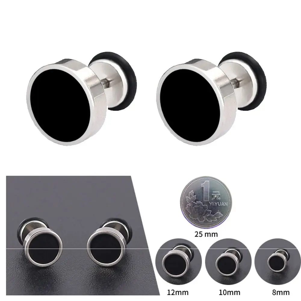 Korean Style Round Black Stud Earrings Street Wear Oil Drip Hip Hop Earring Solid Color Stainless Steel Fashion Stud Earring