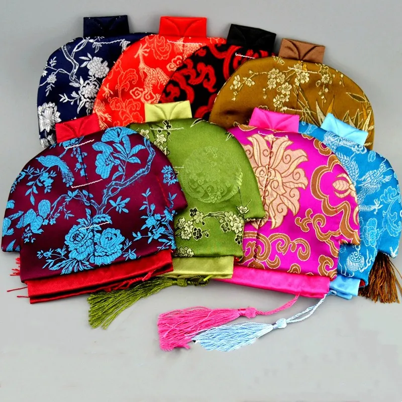 50pcs Custom Small Ethnic Zipper Jewelry Pouches Gift Bags Wholesale Novelty Silk Brocade Tassel Coin Purses China Design