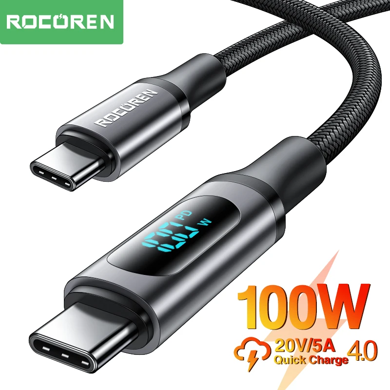 Rocoren PD 100W LED Display USB Type C Cable 5A Quick Charge Fast Charging Charger For Xiaomi POCO Samsung Data Cable Wire Cord