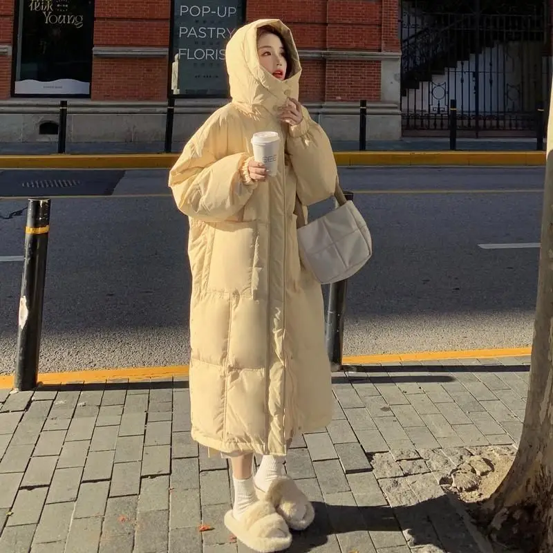 New Women White Duck Down Jacket Winter Coat Female Solid Color Large Pocket  Parkas Loose Hood Outwear Thick Warm Overcoat