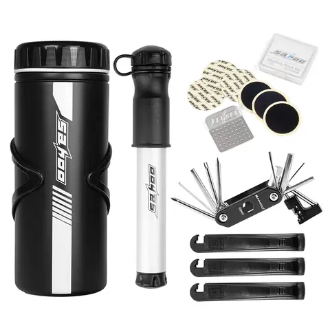 자전거 수리 도구 키트 미니 펌프가 포함된 자전거 수리 세트 14 in 1 다기능 도구 키트 750ml 자전거 도구 보관 병 케이스