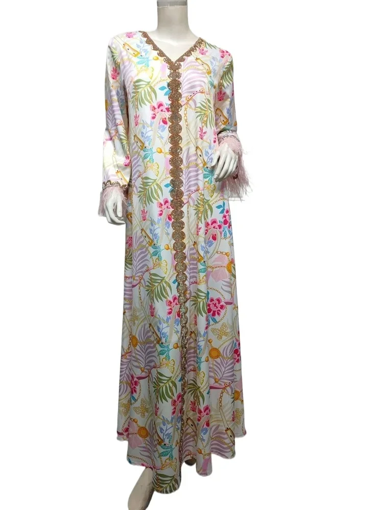 

Dubai V-Neck Feathers Long Sleeve Loose Dress Floral Print Diamonds Moroccan Turkish Islamic Arab Elegant Fashion Dress
