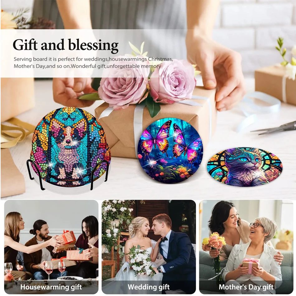8pcs/Set of DIY Diamond Painted Coasters with Animal Pattern Diamond Art Painting Coasters Cup Holder