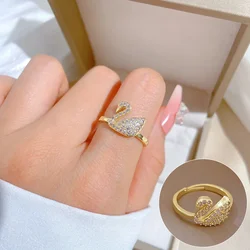 Charm Full Zircon Shiny Swan Cartoon Rings for Women New Luxury Gold Color Stainless Steel Adjustable Bride Finger Jewelry Gift