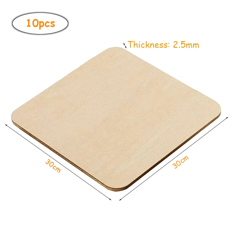 10pcs 30cm Unfinished Wooden Square Blank Natural Wood Slices Wooden Cutout Tiles for DIY Crafts Home Decor Painting Staining